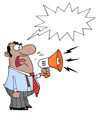 Angry African American Boss Man Screaming Into Megaphone,With A Word Balloon clipart