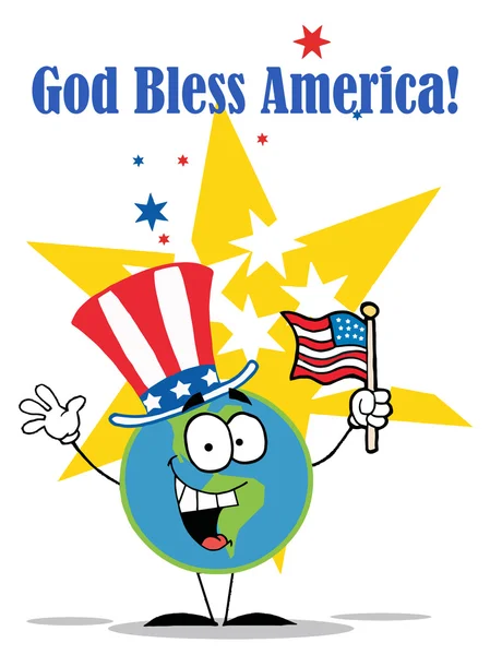 上帝保佑美国问候语的一个爱国地球上戴一顶帽子和挥舞着美国国旗 — 图库照片