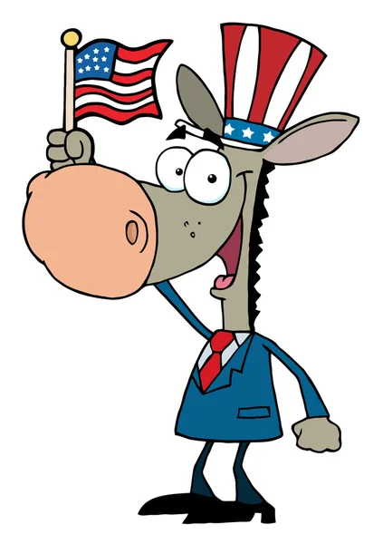 Burro dos desenhos animados acenando com uma bandeira americana — Fotografia de Stock