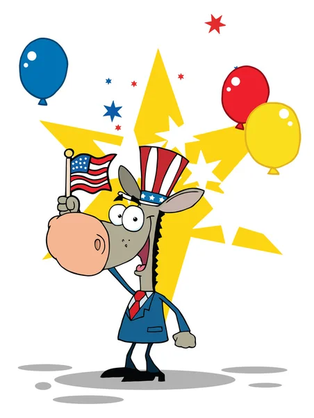 驴戴着爱国的帽子和挥舞着美国国旗 — 图库照片