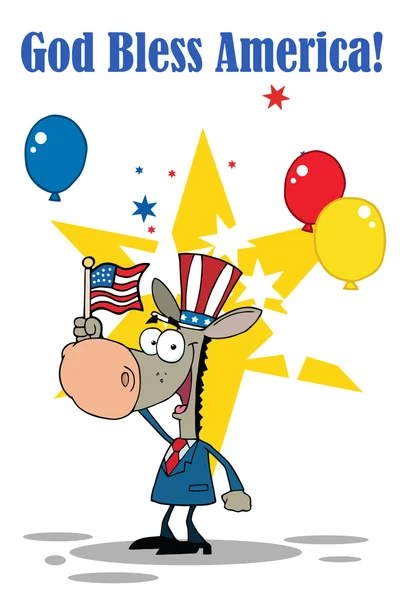 ゴッドブレス アメリカ 帽子をかぶっているとアメリカの国旗を振って愛国的なロバの挨拶 — ストック写真