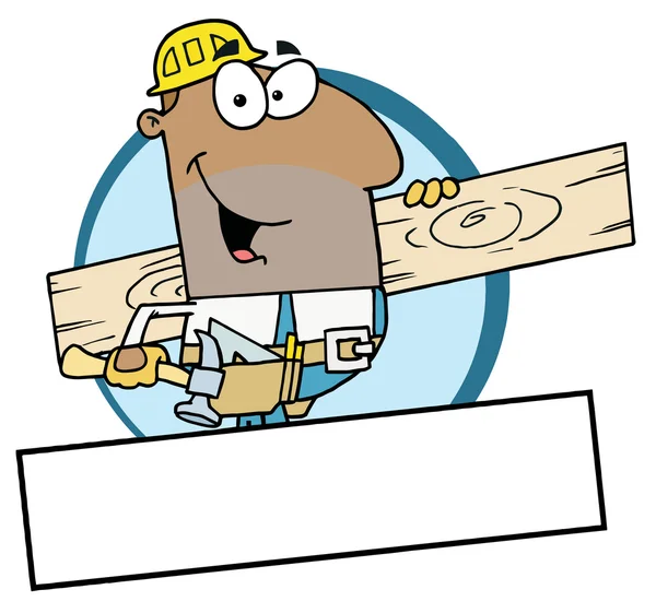 木の板を運ぶ漫画マスコット アフリカ系アメリカ人の建設労働者 — ストック写真