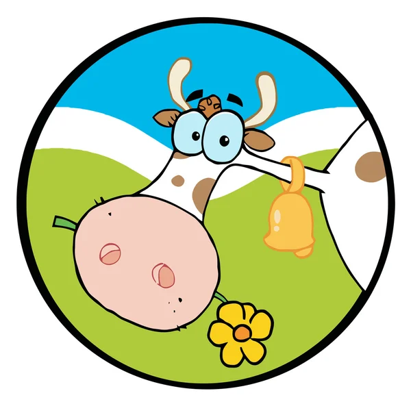 Vaca Fazenda Munching Uma Flor Círculo Montanhoso Paisagem — Fotografia de Stock