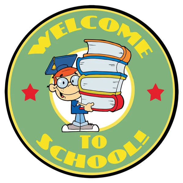 Γελοιογραφία Μασκότ Λογότυπο Φοιτητής Κείμενο Καλώς Ήλθατε Στο Σχολείο — Φωτογραφία Αρχείου