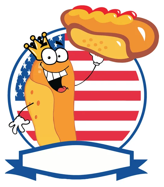 King Hot Dog Holding Up A Garnished Hot Dog Over An American Circle — Stock Photo, Image