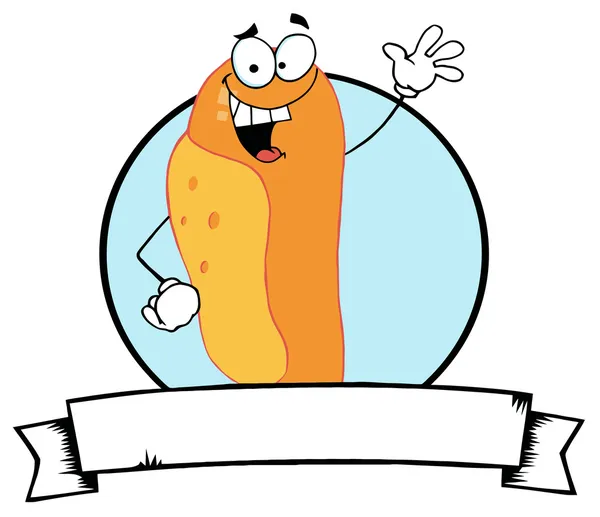 Çizgi Film Logo Şanslı Maskot Sosisli Sandviç Sallayarak Bir Tebrik — Stok fotoğraf