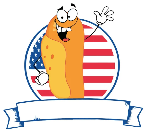 Waving Hot Dog Over An American Circle And Blank Banner Text Box — Stock Photo, Image
