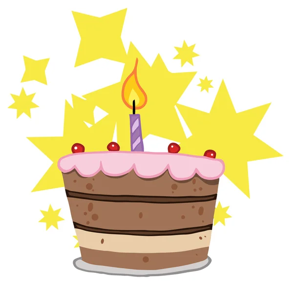Tort urodzinowy z zapalił świecę i gwiazdy — Zdjęcie stockowe