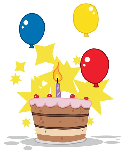 Geburtstagstorte Mit Einer Brennenden Kerze Und Luftballons Und Sternen — Stockfoto