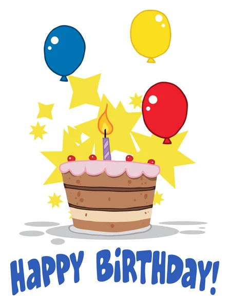 用一个点燃的蜡烛和气球和星星的生日蛋糕 — 图库照片
