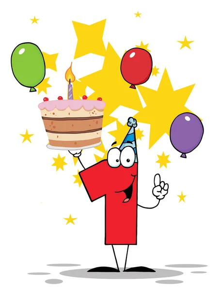 Número um segurando um bolo de primeiro aniversário com balões — Fotografia de Stock