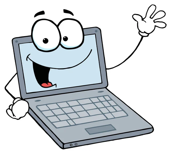 Ноутбук парень машет и улыбается — стоковое фото