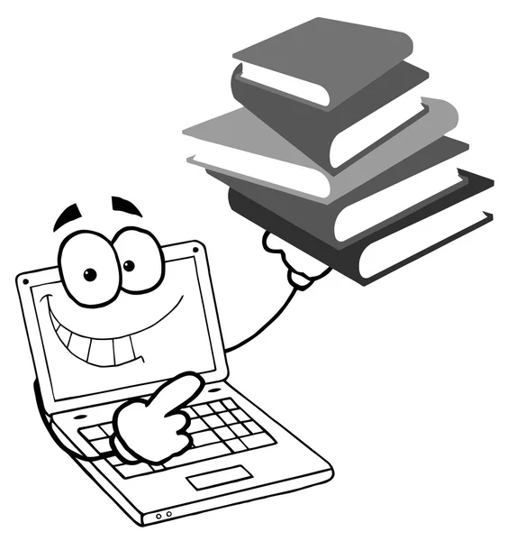 黑色和白色的笔记本电脑人拿一摞书 — 图库照片