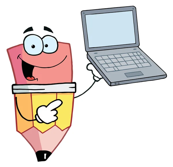 Personagem Desenhos Animados Lápis Apresenta Laptop — Fotografia de Stock
