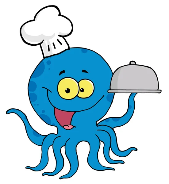 Personaje Historieta Octopus Chef Sirviendo Comida Una Bandeja Asas — Foto de Stock