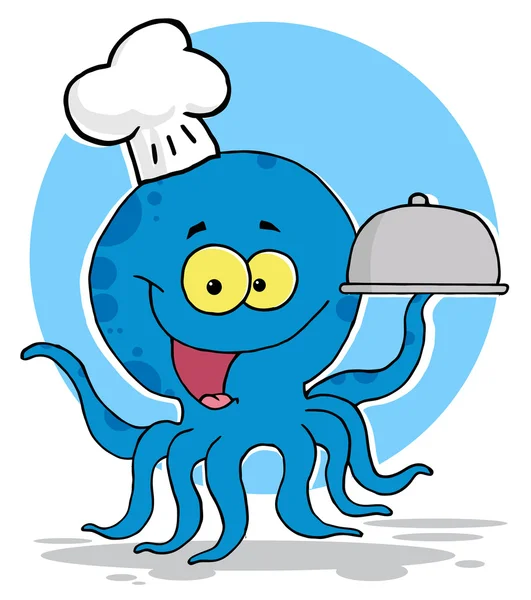 Octopus Chef Sirviendo Comida Una Bandeja Papas Fritas —  Fotos de Stock
