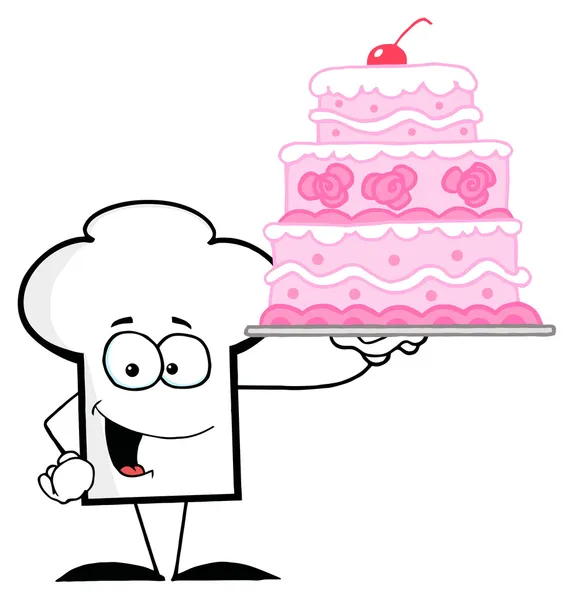 Парень в шляпе шеф-повара держит розовый торт — стоковое фото