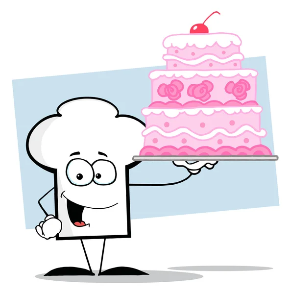 Парень в шляпе шеф-повара держит розовый свадебный торт — стоковое фото