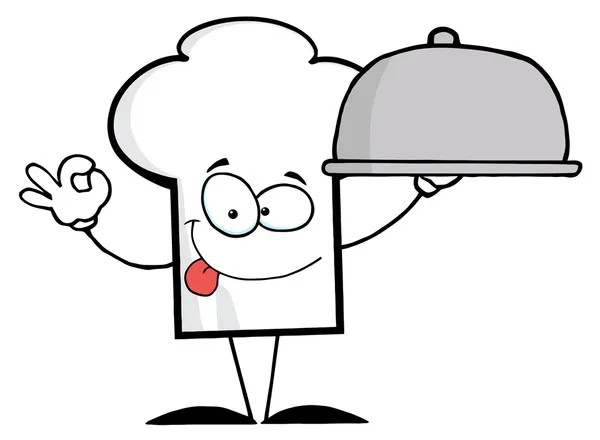 卡通厨师帽子字符现任食品的薄片放在盘子 — 图库照片