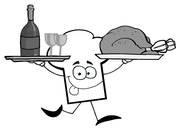 Grayscale Chef Hat Guy Serving Wine Turkey Cartoon Character — стоковое фото