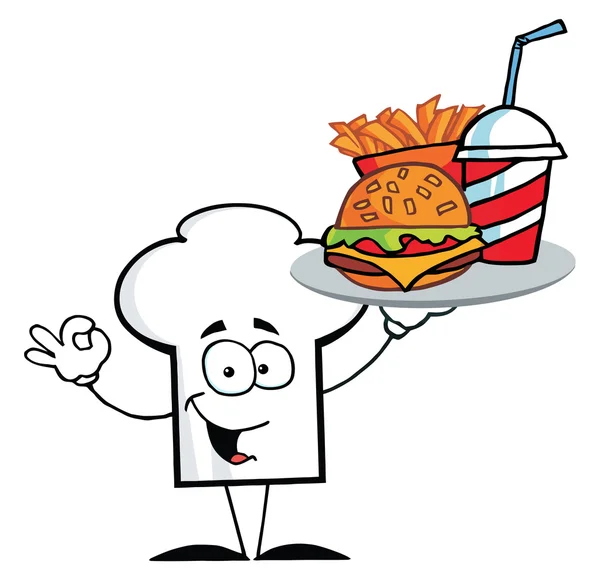 卡通厨师帽汉堡包和炸薯条字符持有人的板 — 图库照片