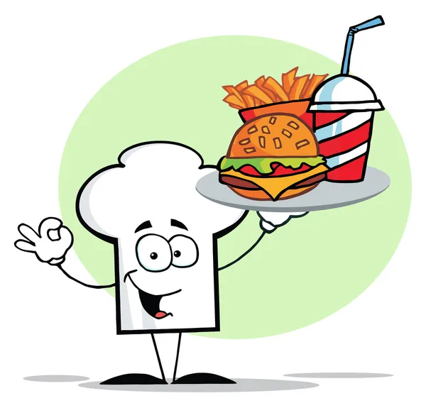 Chef Cappello Personaggio Titolare Piatto Hamburger Patatine Fritte — Foto Stock