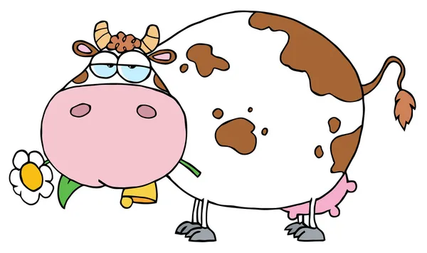 Vaca Leiteira Fazenda Caráter Dos Desenhos Animados Com Flor Boca — Fotografia de Stock
