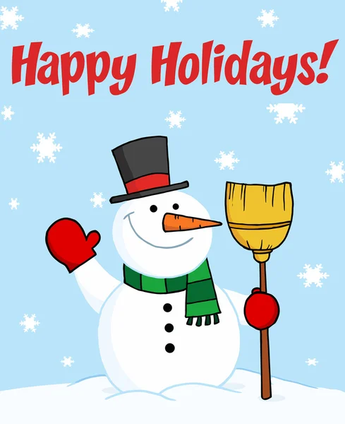 Καλές Διακοπές Χαιρετισμό Μια Χιονάνθρωπος Κυματίζοντας Και Κρατώντας Μια Σκούπα — Φωτογραφία Αρχείου