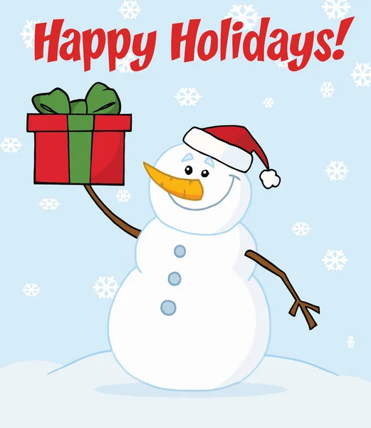 Gelukkige vakantie begroeting met een sneeuwpop houden een cadeautje — Stockfoto