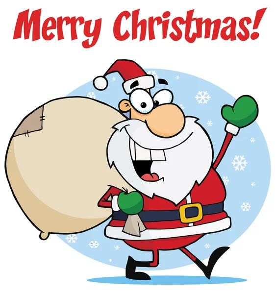Fröhlicher Weihnachtsmann Winkt Und Trägt Seinen Spielzeugsack Schnee — Stockfoto