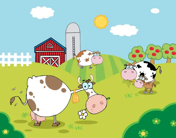 Pastura Pastoreo Vacas Lecheras Cerca Granero Silo Personaje Dibujos Animados — Foto de Stock