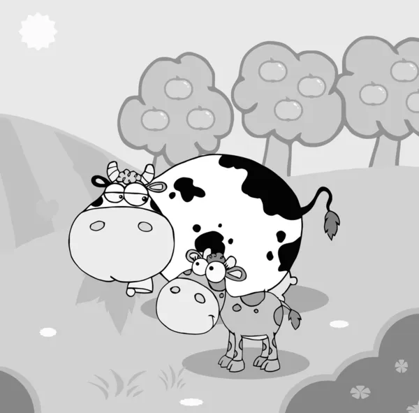 灰度宝宝和妈妈的果园卡通人物牛在牧场中的地位 — 图库照片