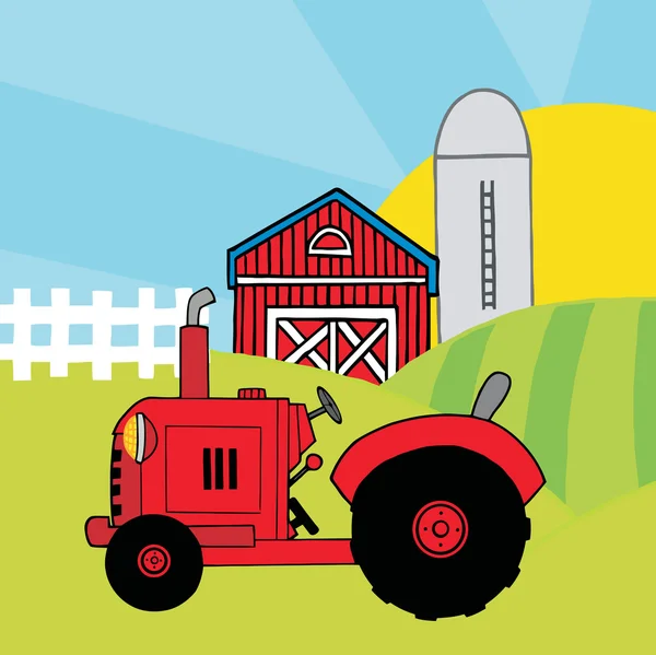 Vintage Červený Traktor Před Země Farma Kreslená Postavička — Stock fotografie