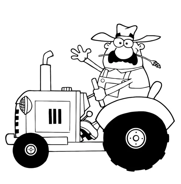 Обрисованный фермер машет и водит трактор — стоковое фото