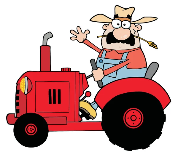 Glücklicher Bauer Rotem Traktor Winkt Zur Begrüßung — Stockfoto