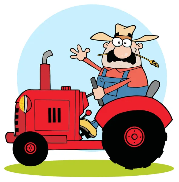 Bauer in rotem Traktor winkt zur Begrüßung — Stockfoto
