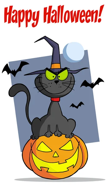 Feliz Halloween saludo sobre un gato y calabaza —  Fotos de Stock