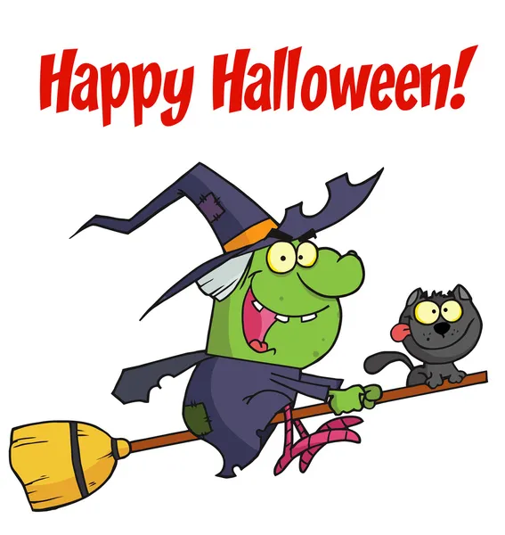 Holidays Greeting Wicked Halloween Witch Cat Flying Broom Stick — Stock Photo, Image