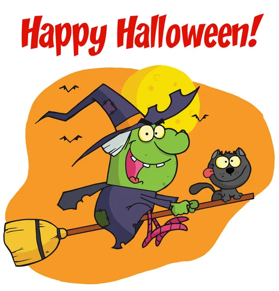 Szczęśliwy pozdrowienie halloween czarownica i kot — Zdjęcie stockowe