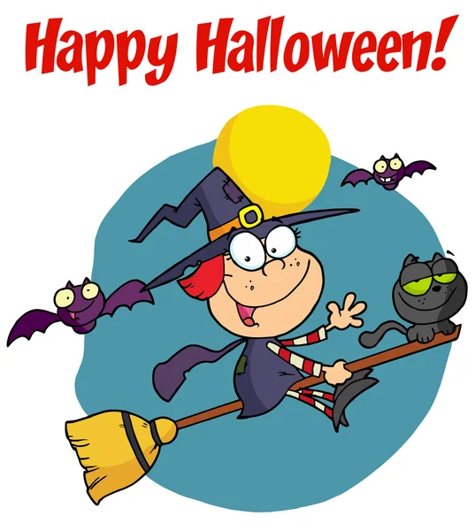 Vakantie Begroeting Met Happy Halloween Heks Kat — Stockfoto