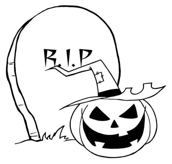 Outlined Jack Lantern Tombstone Cartoon Character — Stock Photo, Image