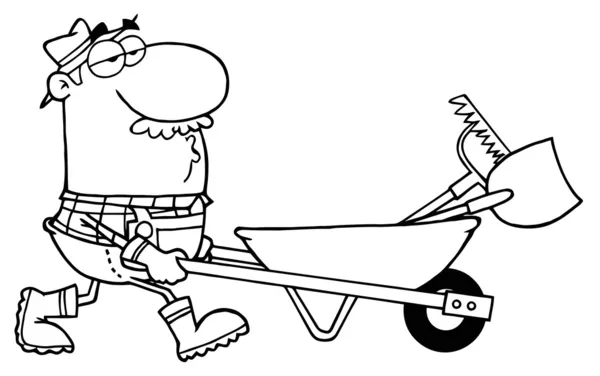 Paisagista masculino empurrando um ancinho e pá em um carrinho de mão — Fotografia de Stock