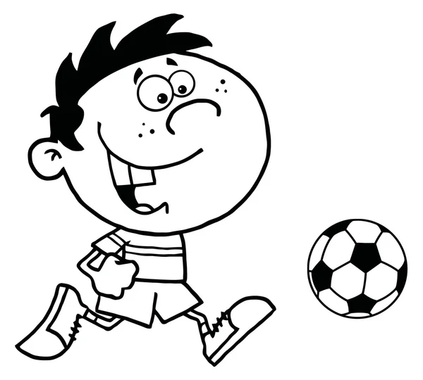 Coloring Page Outline Of A Cartoon Soccer Player Boy Running After A Ball — Stock Photo, Image