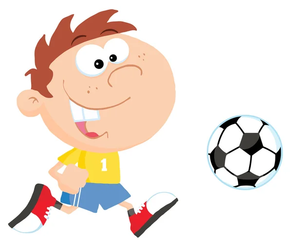 Cartoon Fußballer Junge Rennt Einem Ball Hinterher — Stockfoto