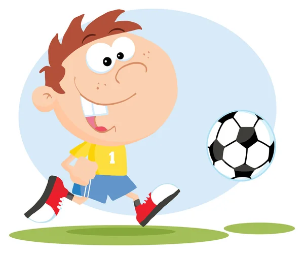 ボールの後を走っている漫画サッカー少年 — ストック写真