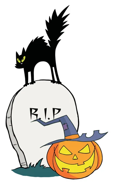 Bir mezar taşı üzerinde siyah kedi ve jack o fener — Stok fotoğraf