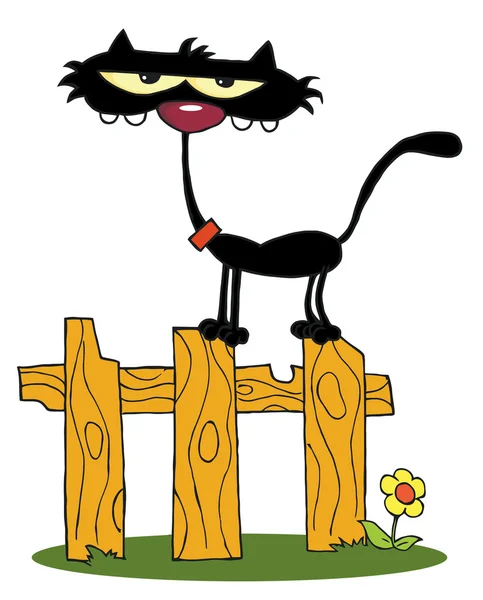 Zottelige Schwarze Katze Auf Einem Zaun — Stockfoto