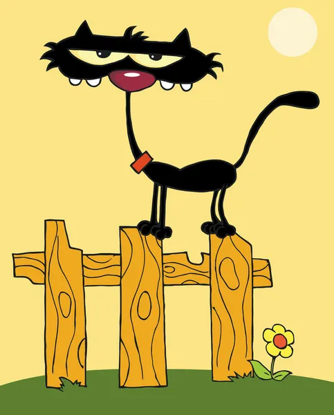Black Cat On A Fance Cartoon Charactrer — Stock Photo, Image