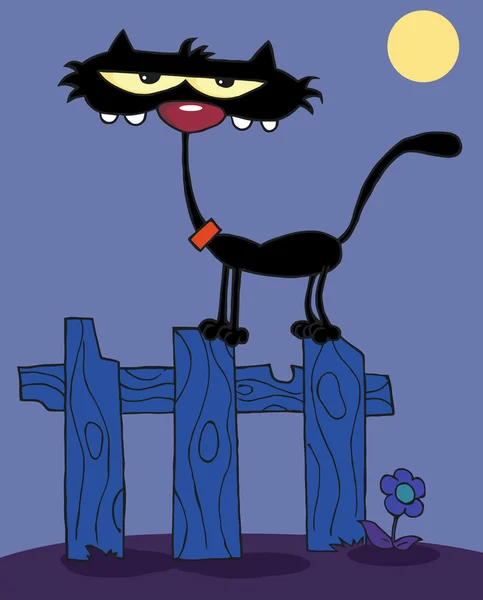 夜にフェンスに痩せた黒猫 — ストック写真
