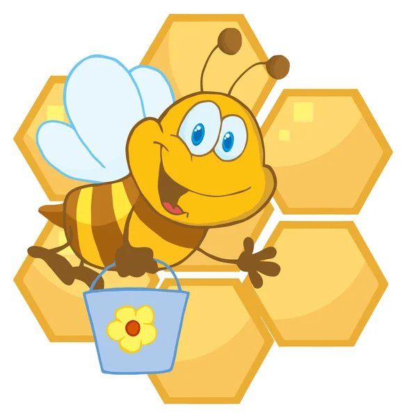 Biene Cartoon Figur Vor Einem Orangefarbenen Bienenstock — Stockfoto